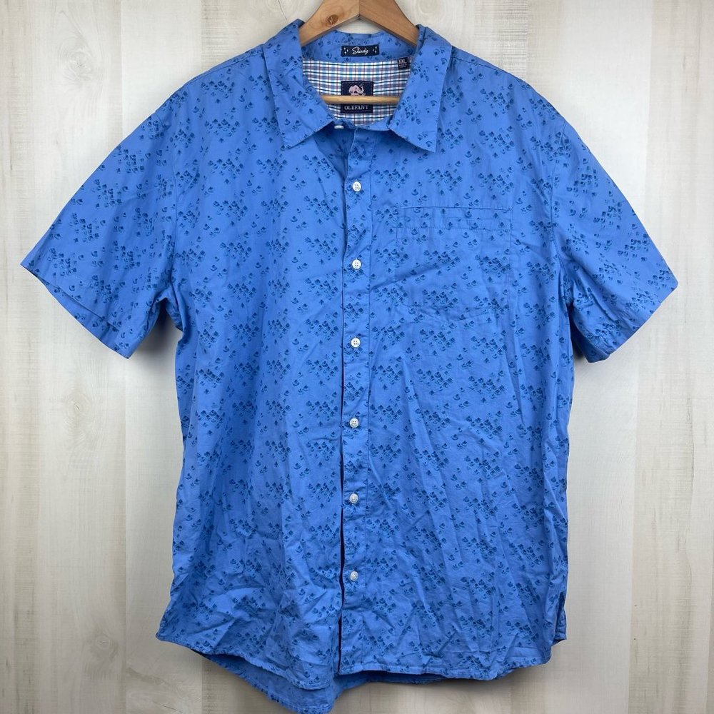 Olefant Shindig Blue Graphic Print 100% Cotton Short Sleeve Shirt Size XXL